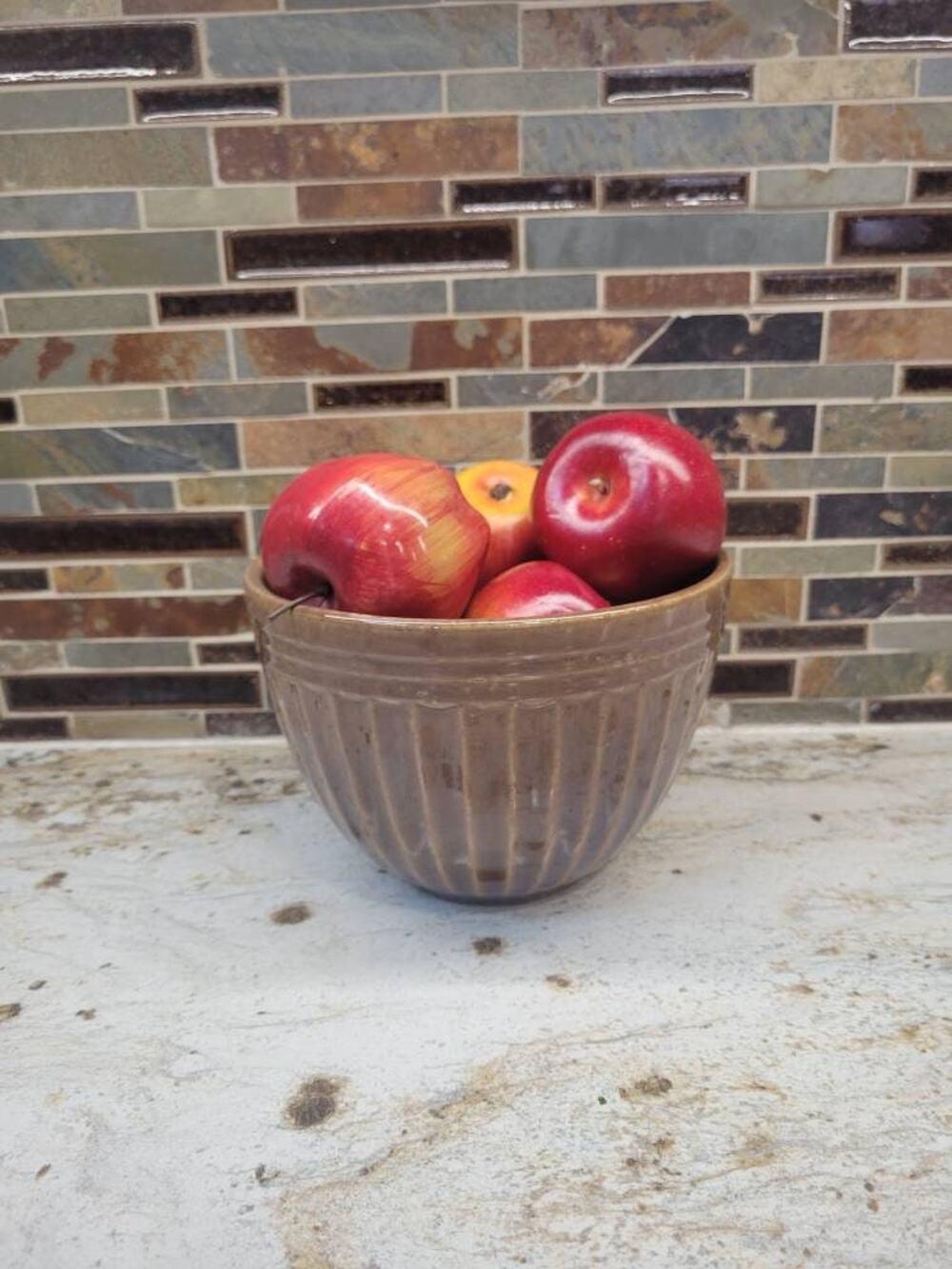 Vintage Brown Stoneware Mixing Bowl Ribbed Beehive Crock Pottery Farmhouse